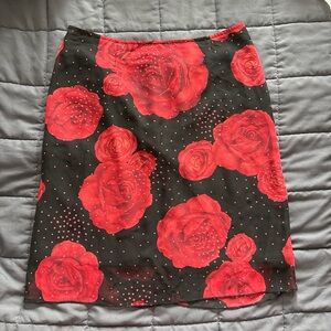 Black A-Line Skirt with Red Rose Print